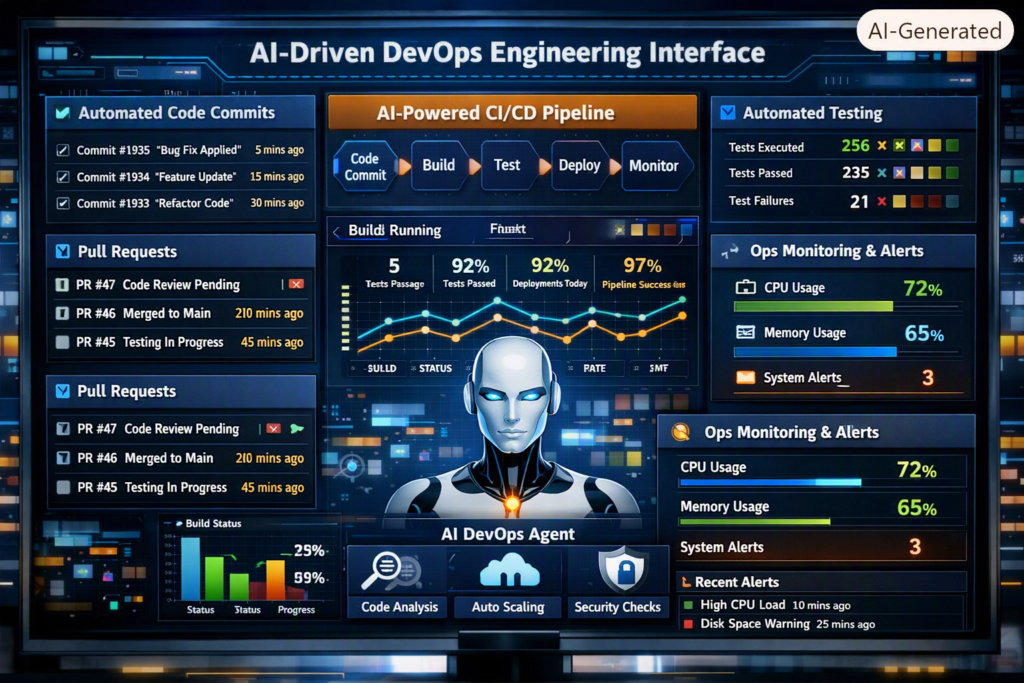 DevOps engineering interface displaying automated code commits, pull requests, and CI/CD pipelines run by AI agents