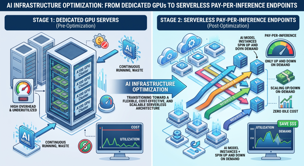 Diagram illustrating AI infrastructure optimization from dedicated GPUs to serverless pay-per-inference endpoints