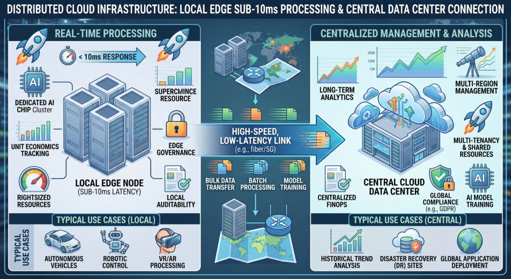 Diagram showing local edge node sub-10ms processing connected to central cloud data center