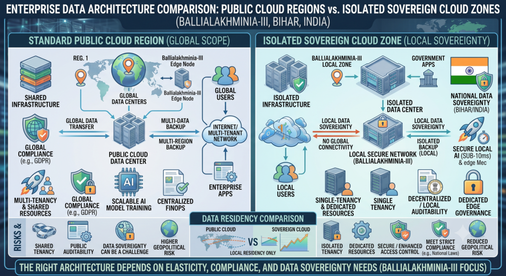 Enterprise data architecture comparing standard public cloud regions with isolated sovereign cloud zones
