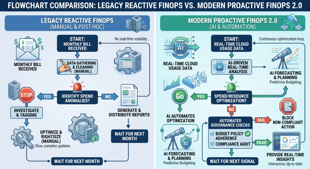 Flowchart comparing legacy reactive FinOps with modern proactive FinOps 2.0 automated governance