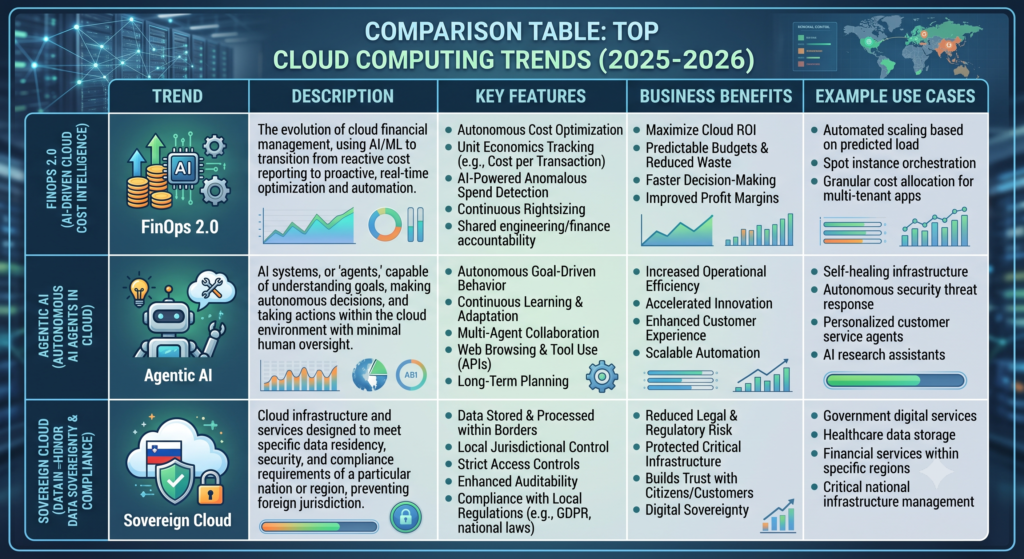 Table comparing top cloud computing trends including FinOps 2.0, Agentic AI, and Sovereign Cloud
