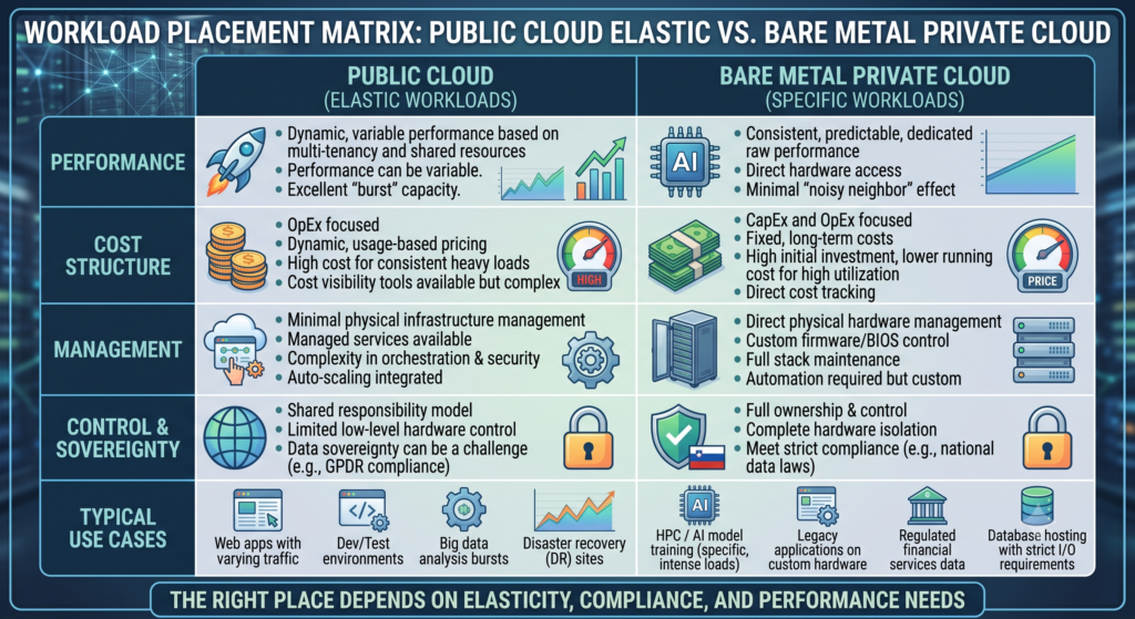 Workload placement matrix comparing public cloud elastic workloads with bare metal private cloud workloads