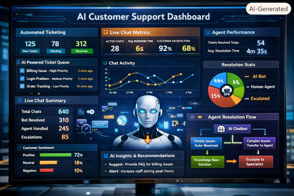 AI customer support dashboard showing automated ticketing, live chat metrics, and agent resolution flows