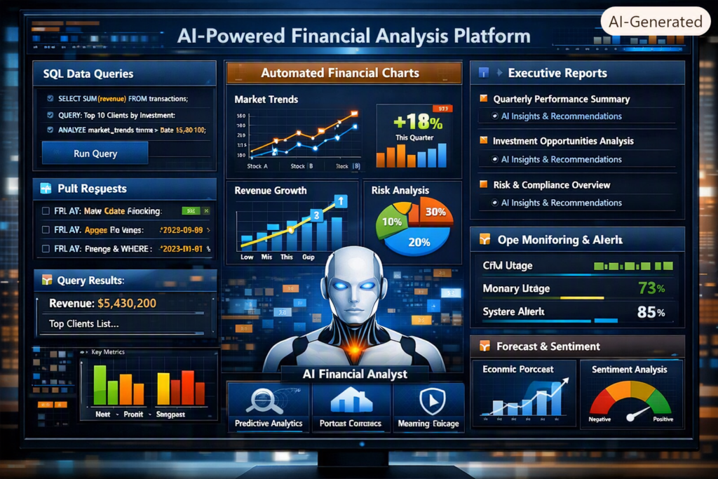 Financial analysis platform rendering automated charts, SQL data queries, and executive reports