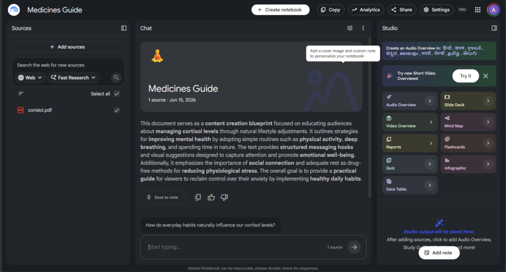 Google NotebookLM dashboard showing uploaded study source documents and audio overview podcast generator