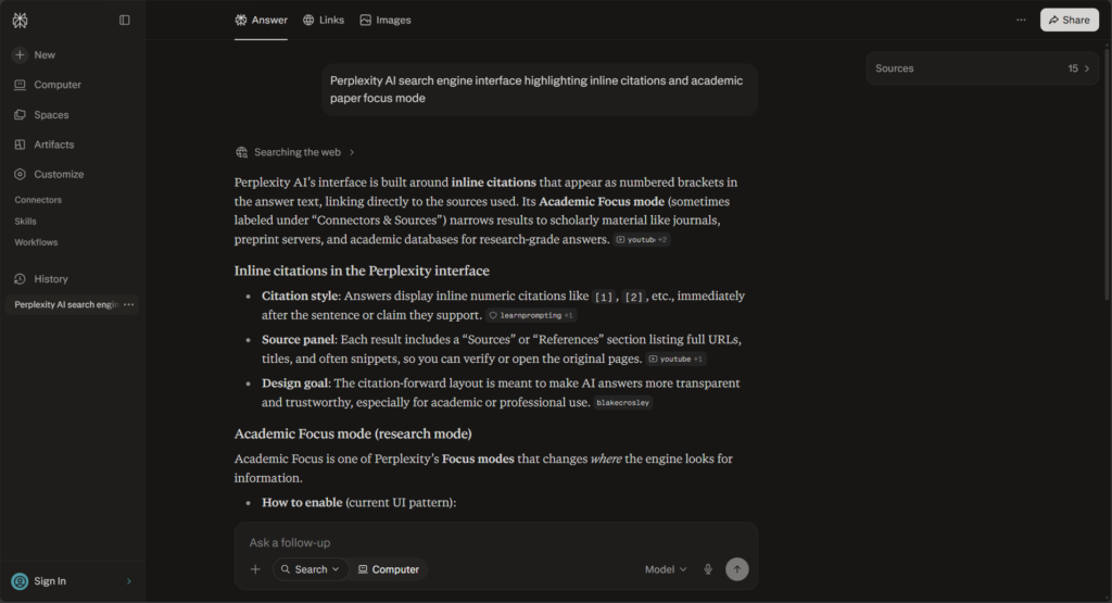 Perplexity AI search engine interface highlighting inline citations and academic paper focus mode