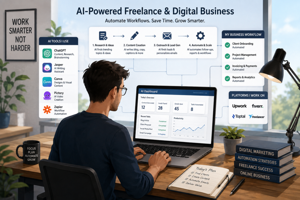 Illustration showing a professional using AI tools to automate freelance work and digital business workflows.