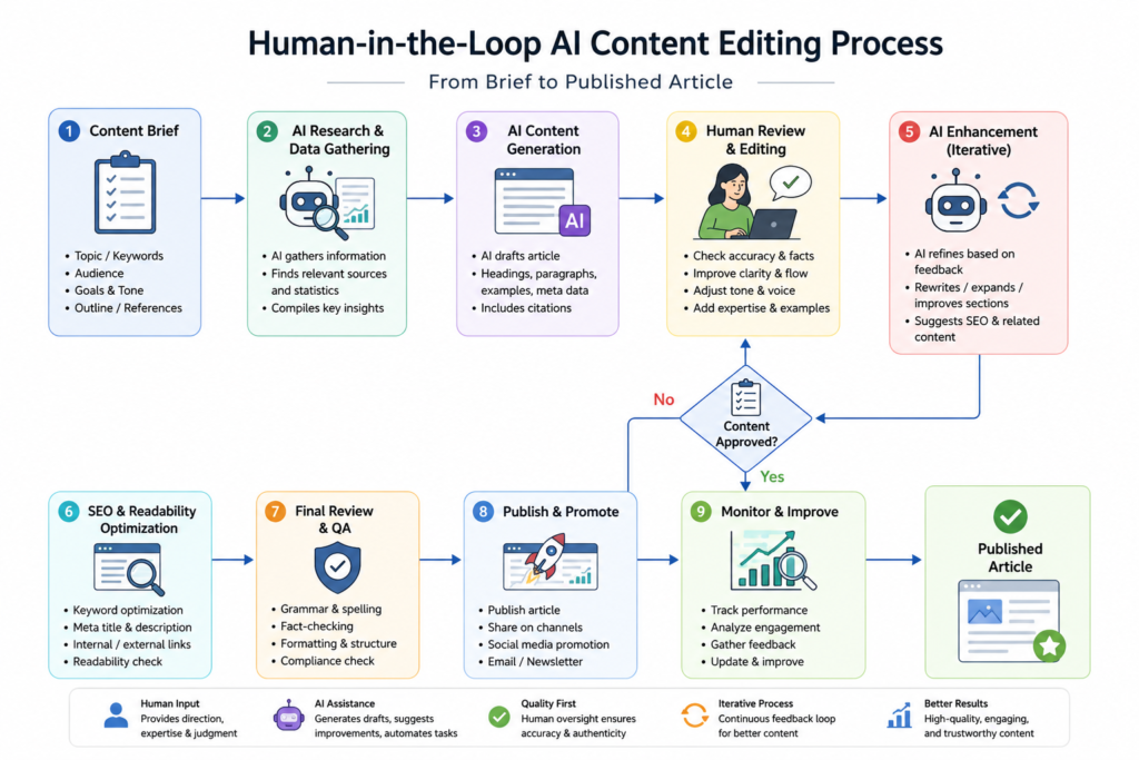Flowchart diagram showing the Human-in-the-Loop AI content editing process from brief to published article.