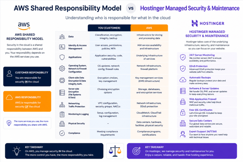 Infographic detailing the AWS Shared Responsibility Model vs Hostinger managed security maintenance