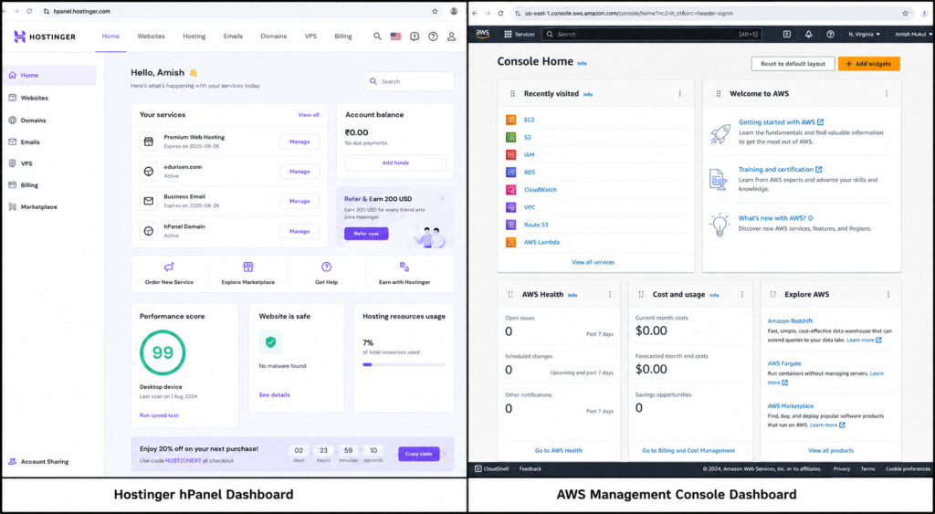 Side by side screenshot comparison of Hostinger hPanel dashboard and AWS Management Console