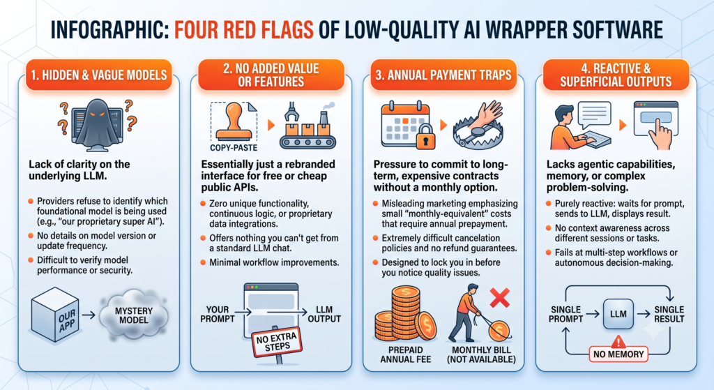 Infographic outlining four key red flags of low-quality AI wrapper software including hidden models and annual payment traps.