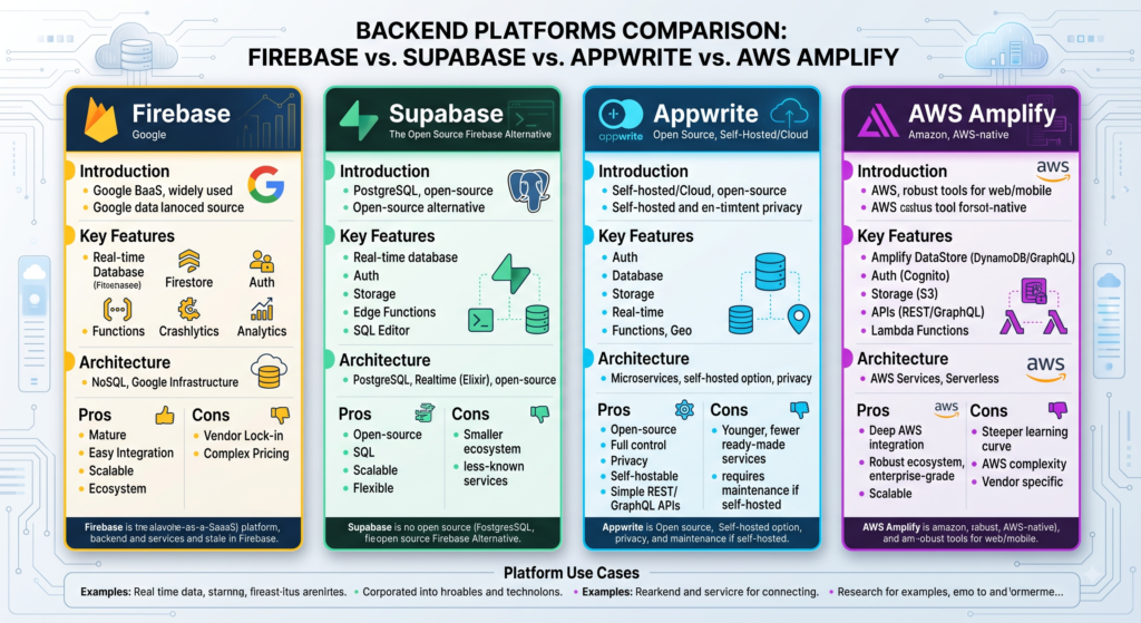 Comparison of Firebase Supabase Appwrite and AWS Amplify backend platforms