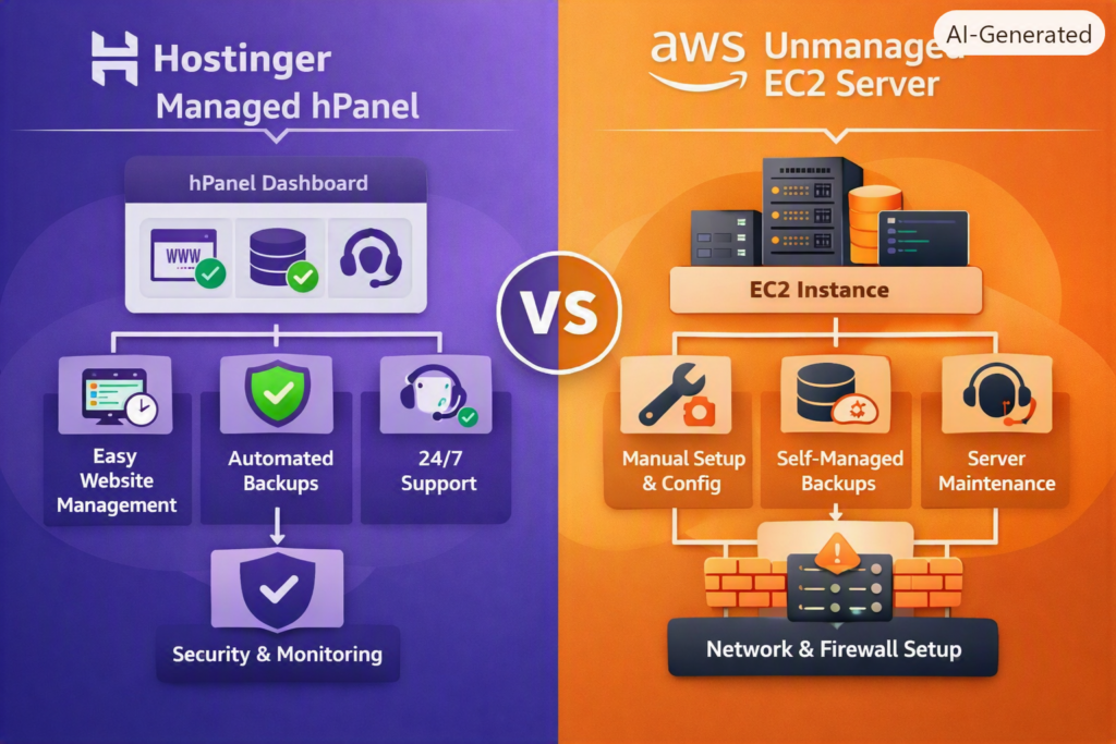 Diagram comparing Hostinger managed hPanel setup versus AWS unmanaged EC2 server infrastructure