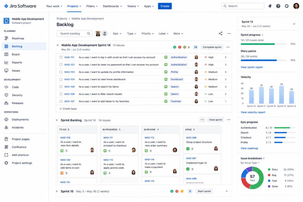Jira backlog and sprint board tracking software engineering user stories and velocity.