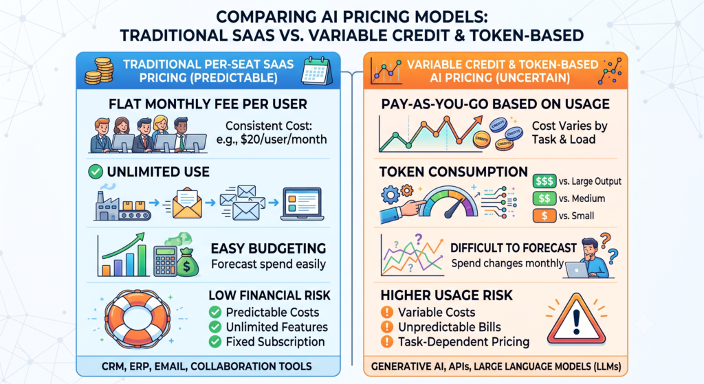 Infographic comparing predictable per-seat traditional SaaS pricing against variable credit and token-based AI pricing models.