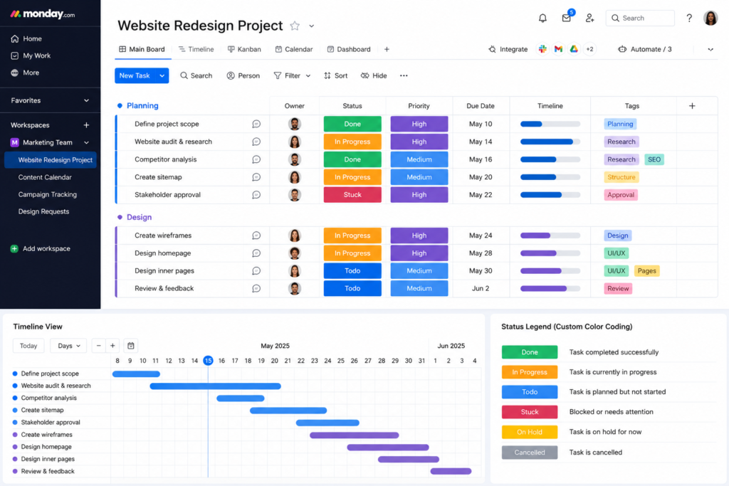 monday.com visual board showing task status, custom color coding, and timeline views.